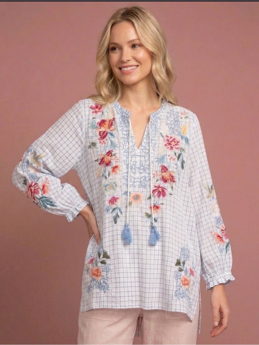 Johnny Was Workshop Embroidered Miro Tassel Blouse Size Medium